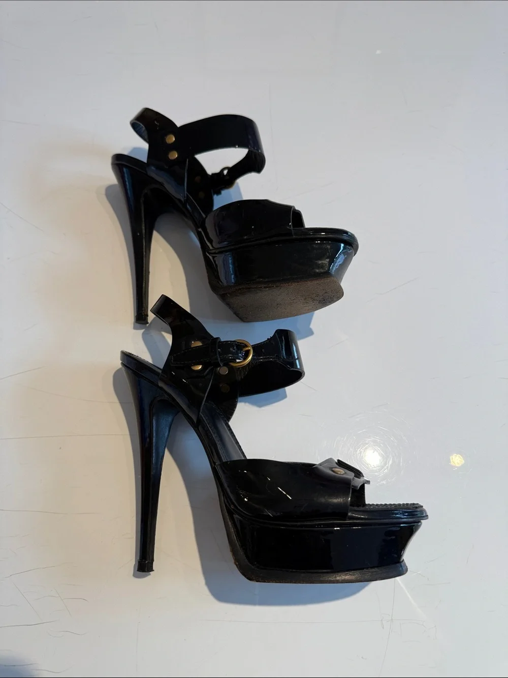 YASL Saint Laurent Black Patent Leather Stud Platform Sandals Gold Accents sz 36